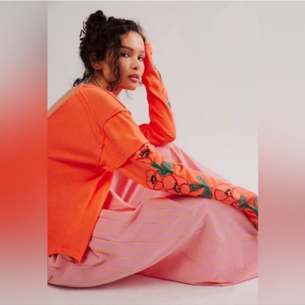Free People Not Your Poppys Coral Orange Embroidered Sleeve Top